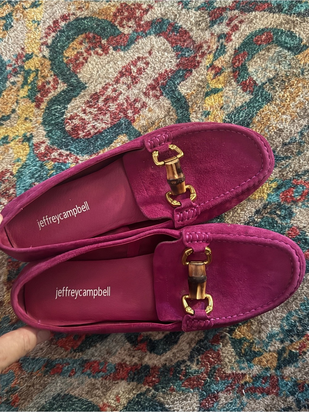 Jeffrey Campbell Magenta Suede Loafers with Gold-Tone Bamboo Accent